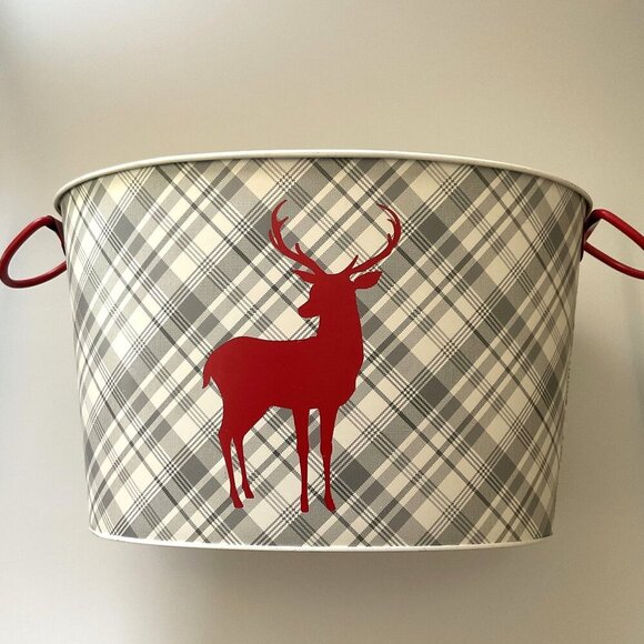 REINDEER OVAL METAL BUCKET CHRISTMAS DECOR - Picture 6 of 8